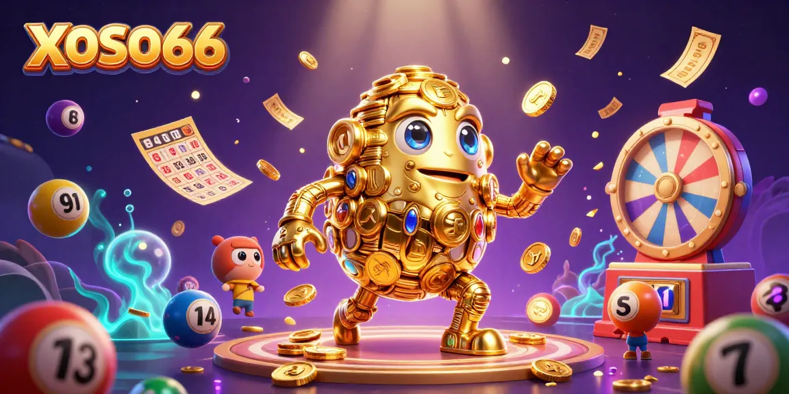Experience the excitement of XOSO66 with a captivating 3D illustration of vibrant lottery and casino elements.