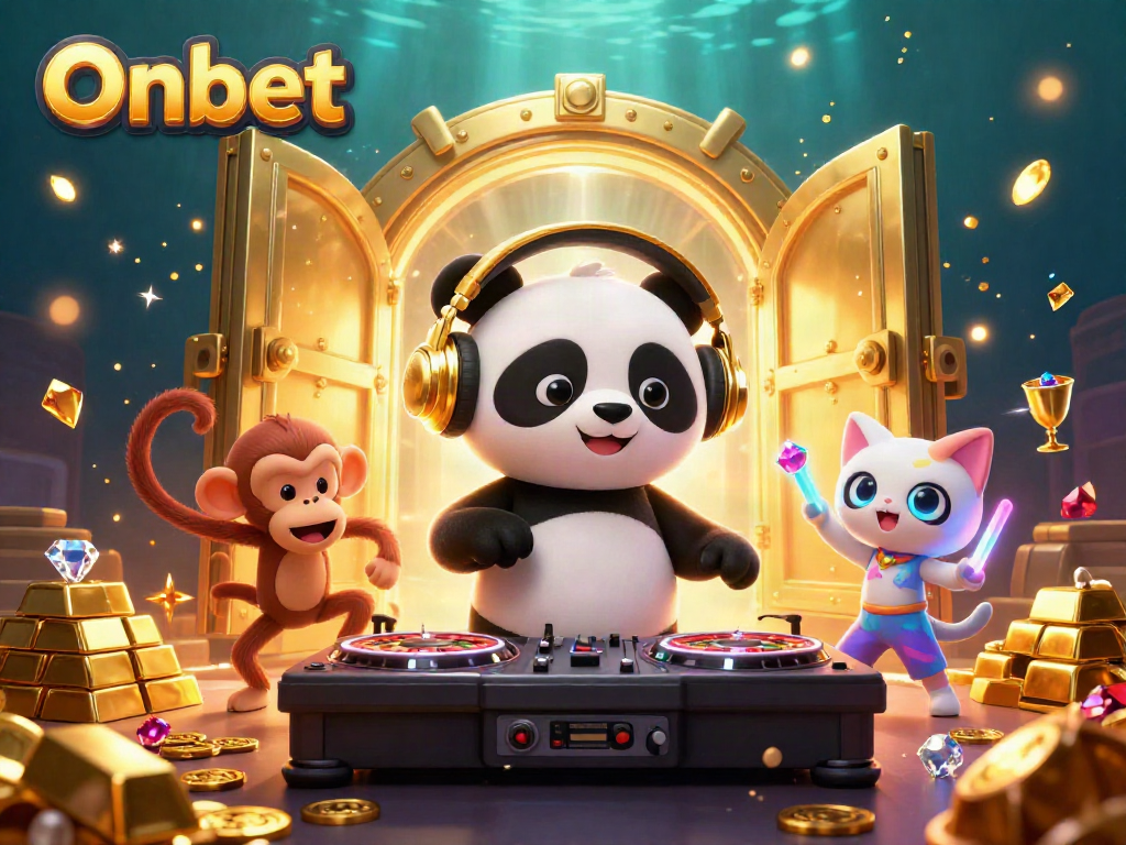 Engage with Onbet's exciting world where a DJ panda spins, a monkey dances, and treasures abound.
