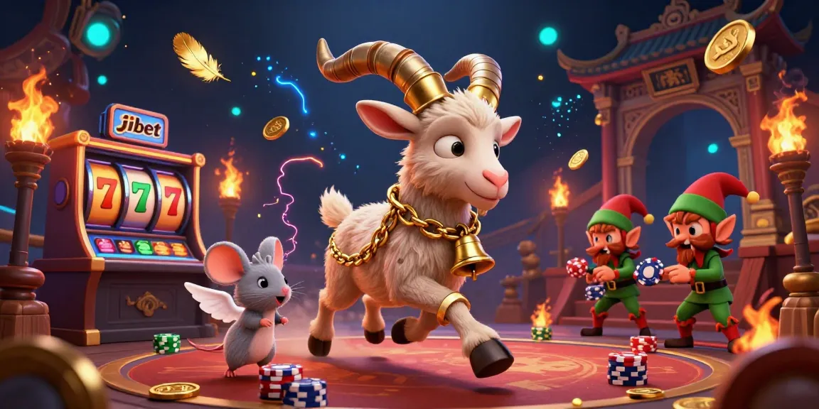 Join the fun at jibet, where a whimsical Krampus goat oversees a lively casino scene filled with action.