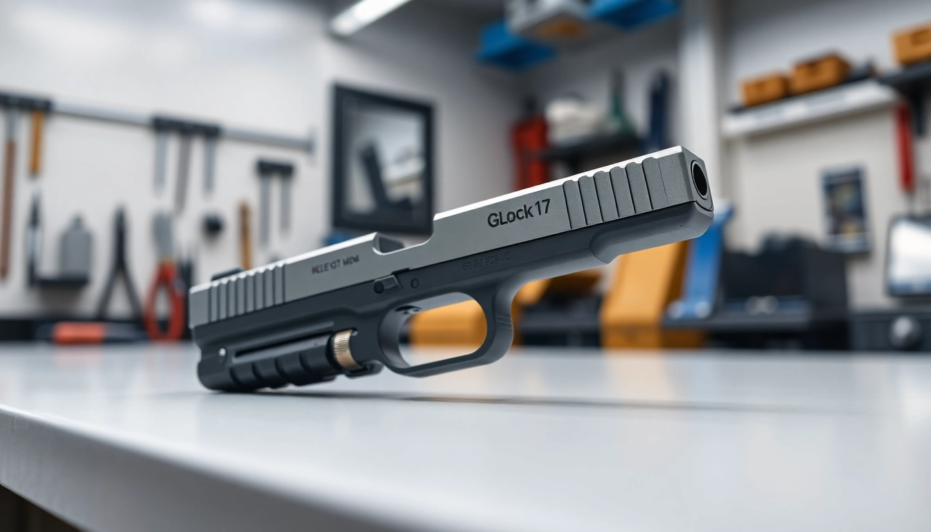 Glock 17 slide for sale featuring sleek design and premium metallic finish, highlighting product details.