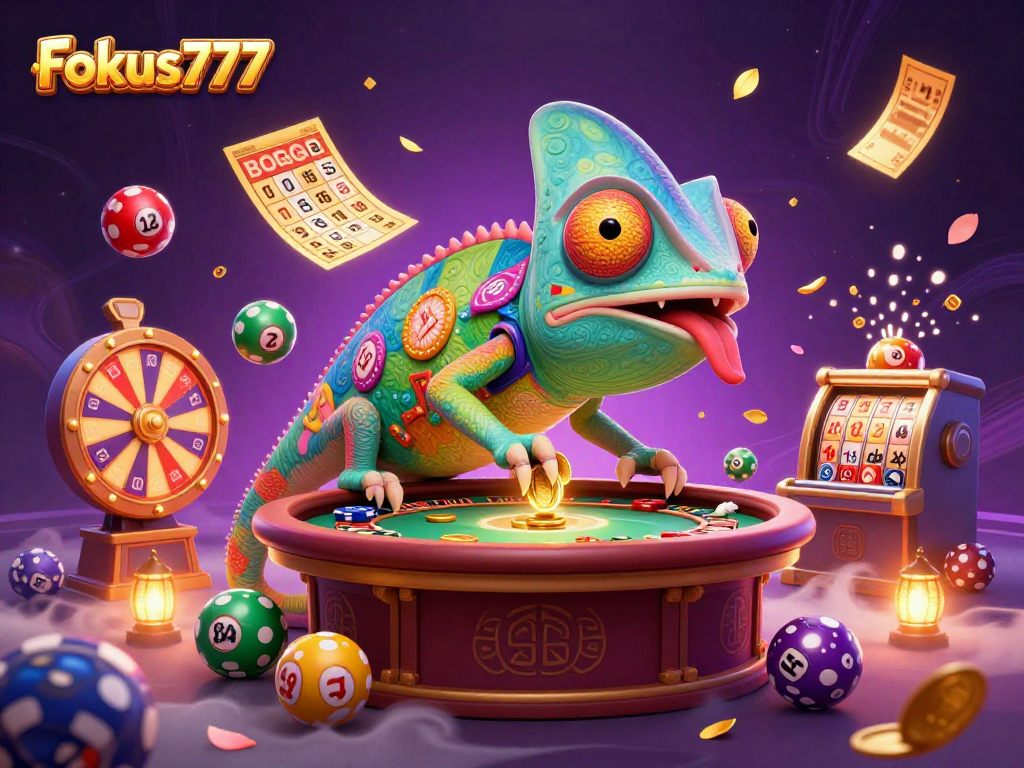 Experience the excitement of gaming with Fokus777 as a chameleon casino owner surrounded by vibrant lottery elements.