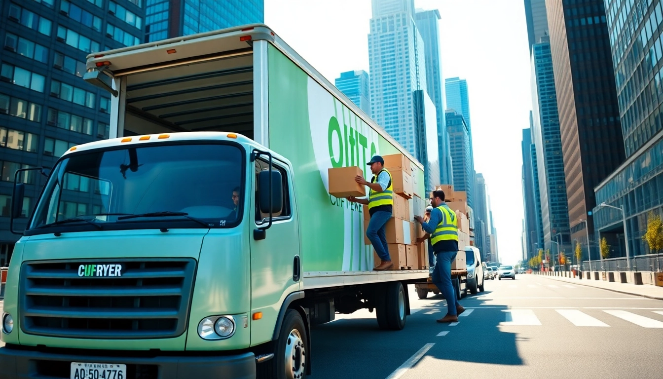 Efficient Office Moving Services NYC team packing office equipment in New York's skyline.