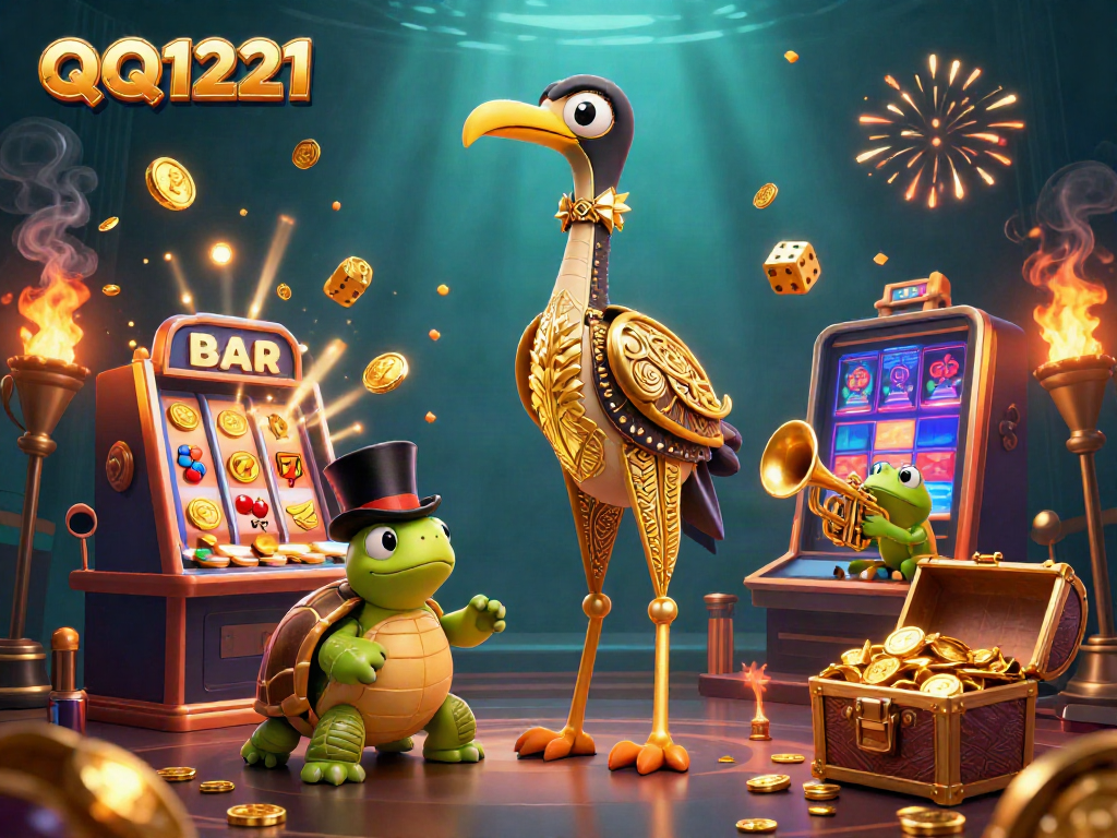 Experience thrilling gaming action with QQ1221's dynamic slot machine jackpot and vibrant casino characters.