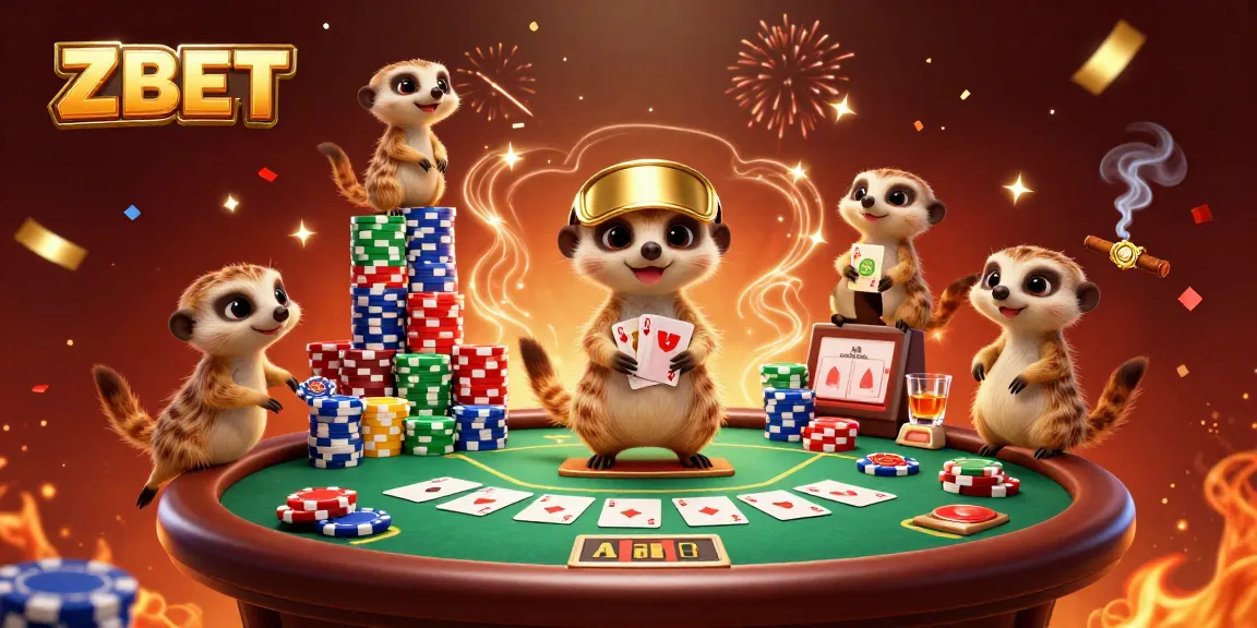 ZBET casino illustration featuring meerkats in a bustling card game, showcasing vibrant poker elements and a festive atmosphere