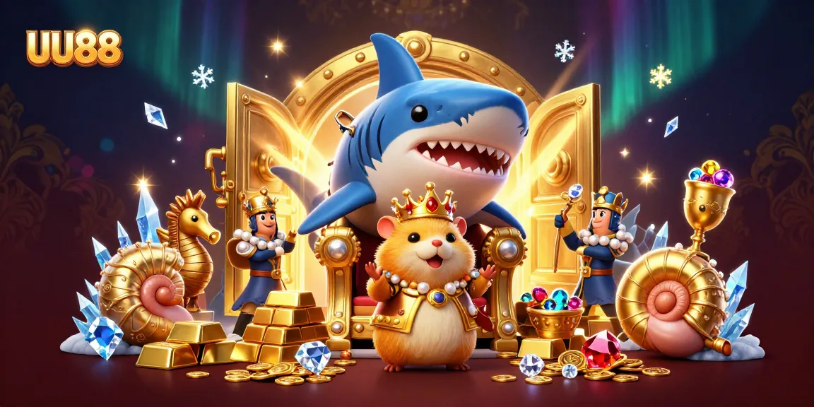 Experience UU88 with a fierce golden hamster king on a massive shark tooth throne, surrounded by treasures.