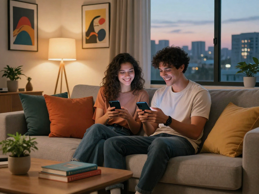 Young couple enjoying ai sexting in a stylish living room, showcasing digital connection.