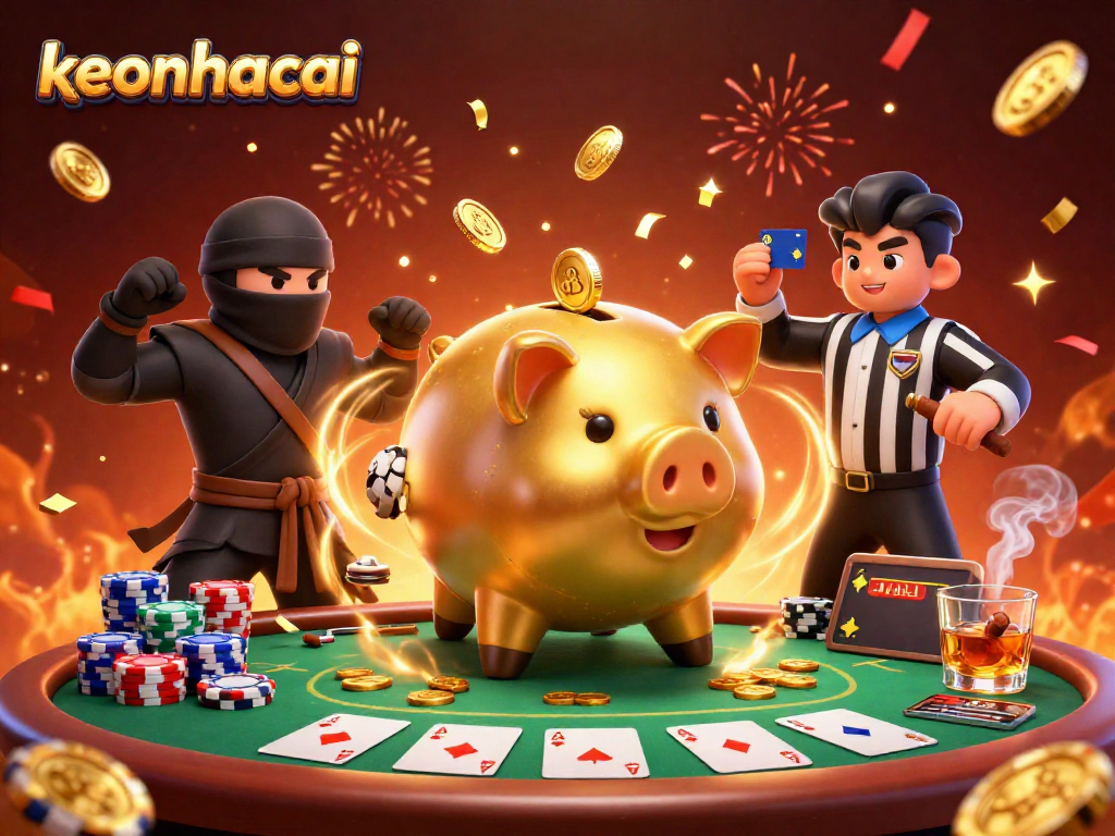 Engage with keonhacai in this colorful 3D casino scene featuring a golden piggy bank wrestler.