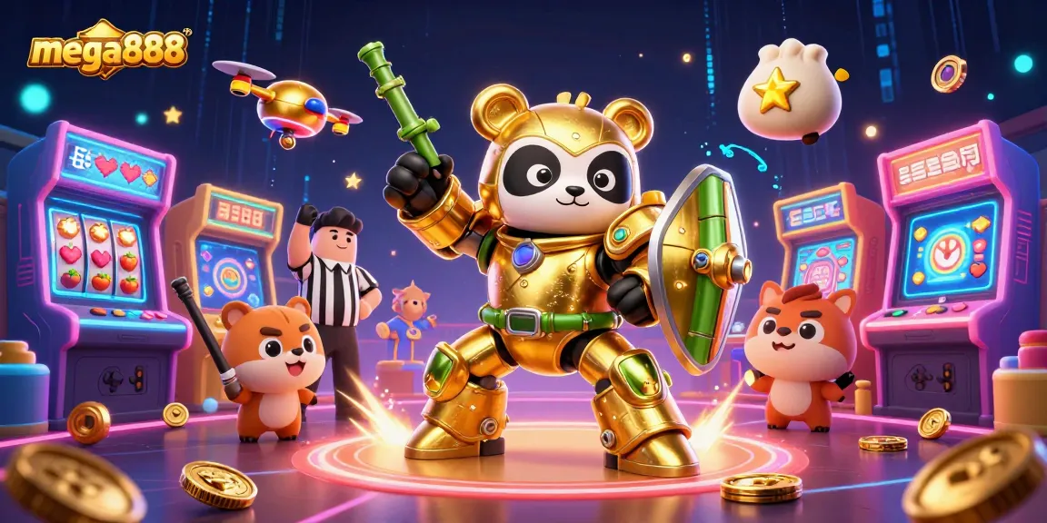 Engage with mega888's vibrant casino gaming scene featuring an epic mechanized panda battle and colorful slots.
