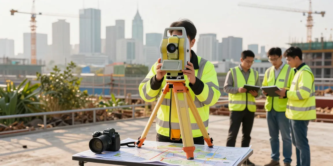 Topographical surveys in action with surveyor using total station in urban setting