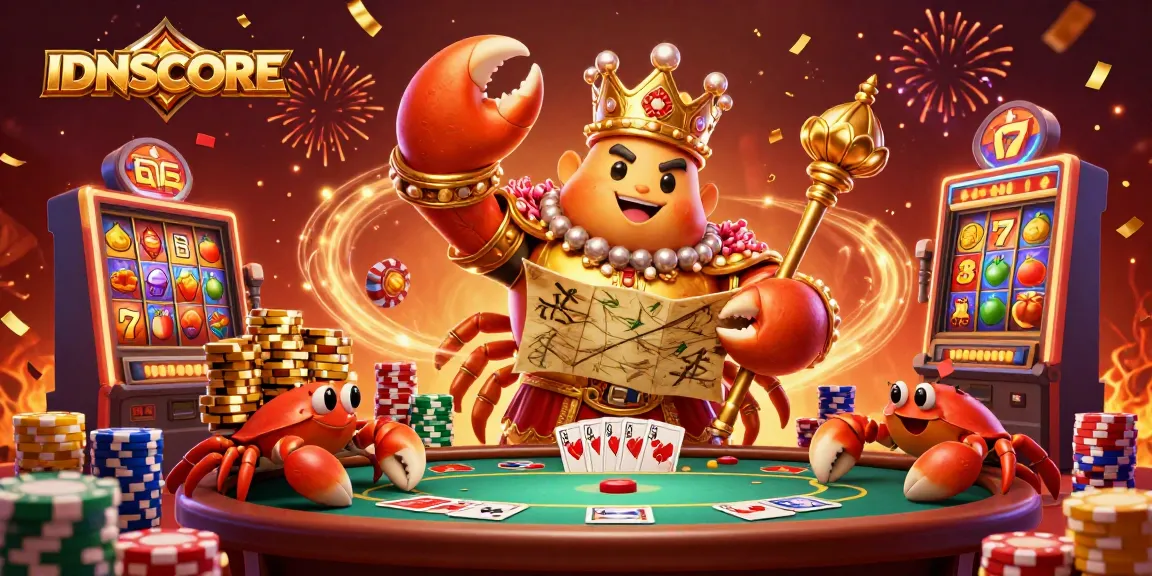 IDNSCORE showcases a vibrant gaming scene with a golden crab emperor and engaging slots.