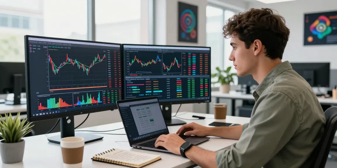 Een crypto trader tijdens automatisch traden in een moderne kantoorsetting met meerdere schermen en handelsanalyses.