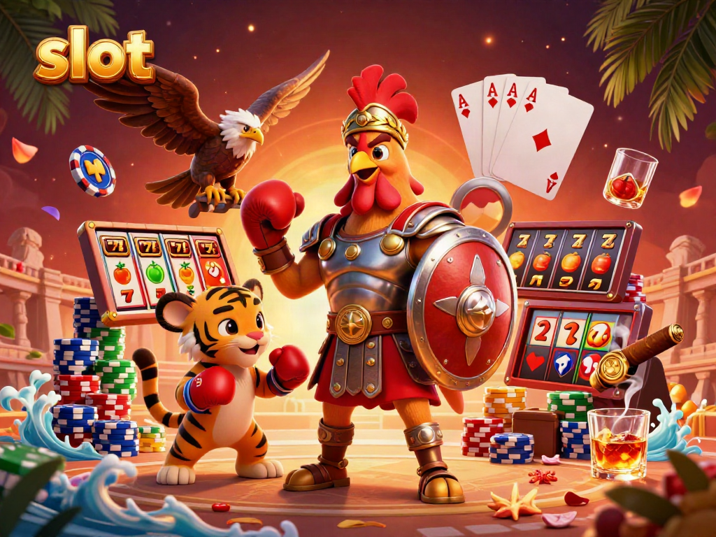 Experience thrilling slot action with a gladiator rooster in a dynamic casino scene.