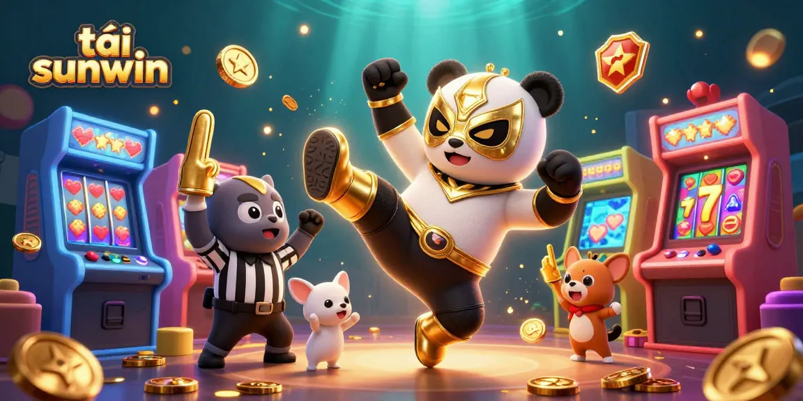 Tải sunwin with a dynamic scene featuring a 3D panda wrestler and casino elements.