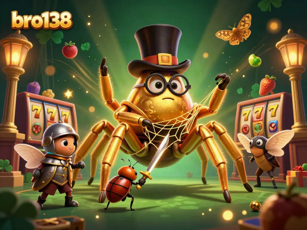 Engage with the thrilling energy of bro138's golden jackpot scene featuring a colorful tarantula and beetle knight.