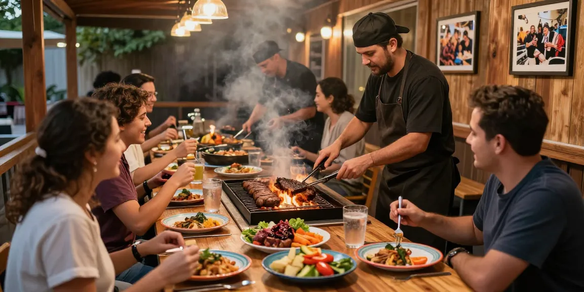 Suasana restoran barbecue yang ramai dengan hidangan BOS 88 yang lezat dan pelanggan menikmati suasana hangat.