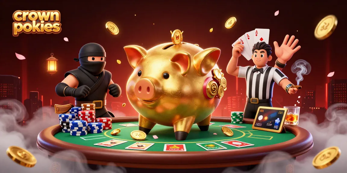 Crown pokies await players in an electrifying casino showdown featuring a golden piggy bank sumo wrestler and dynamic elements.
