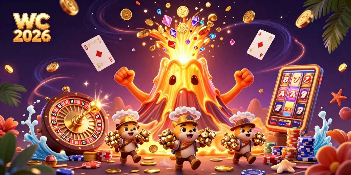 Experience wc 2026 with thrilling game elements and a triumphant volcano in a vibrant casino scene.