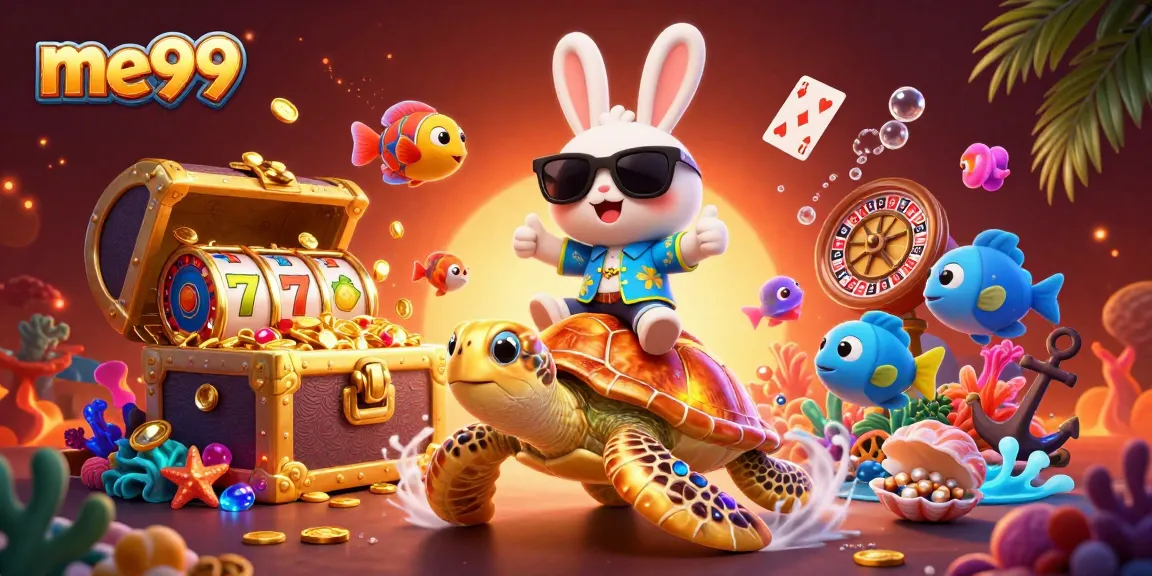 Experience me99's excitement with a lucky rabbit and turtle amidst vibrant casino elements.