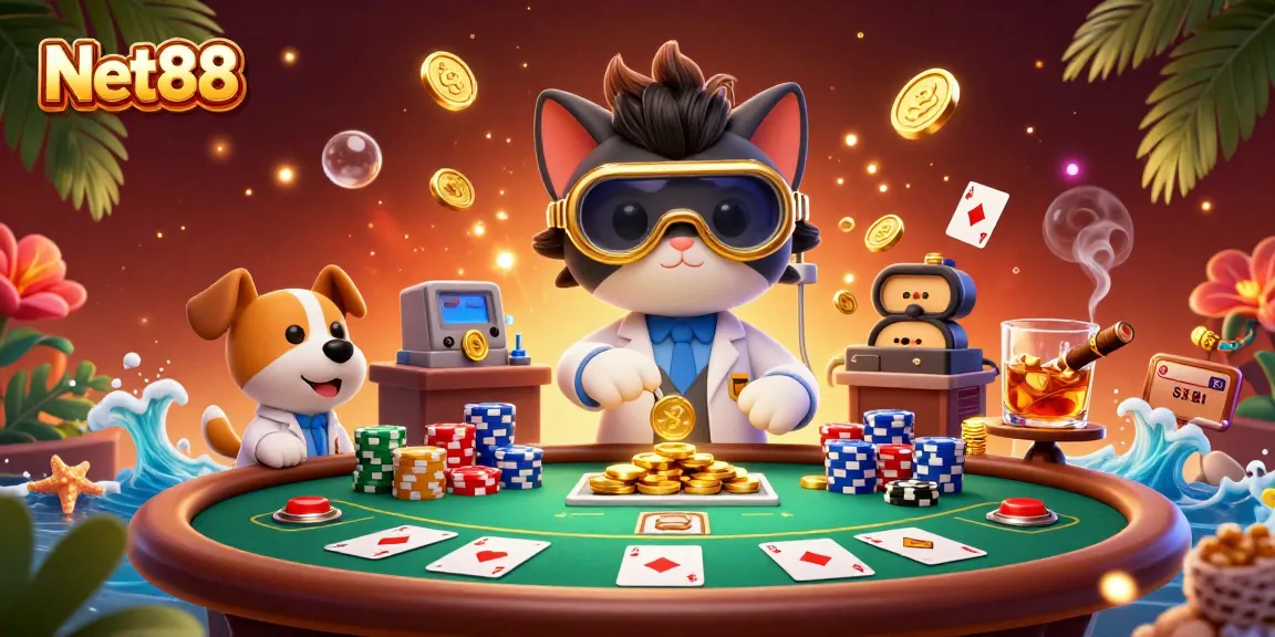 Experience thrilling gaming with Net88 as a mad scientist cat and dog create a gold fortune.