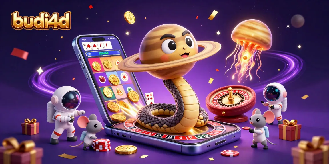 Engage with budi4d's vibrant cosmic casino scene featuring a Saturn snake, astronaut mice betting, and a golden jellyfish dealer delivering excitement.
