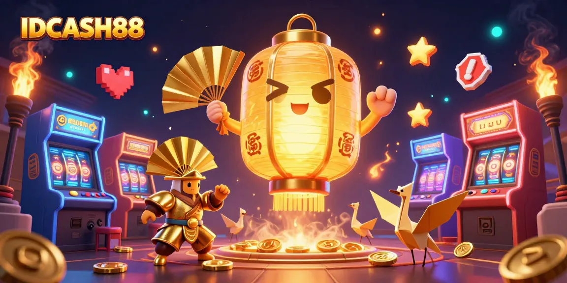 Experience thrilling gameplay with IDCASH88 in a vibrant 3D night market casino illustration filled with lucky symbols.