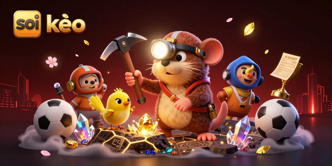 Engage in thrilling soi kèo strategies with a dynamic illustration of a treasure hunter mole and sports betting elements.