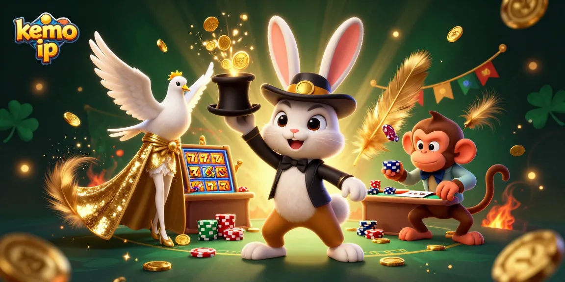 Win big with Kemo IP: 3D scene of a magical rabbit and friends celebrating casino success with golden coins.