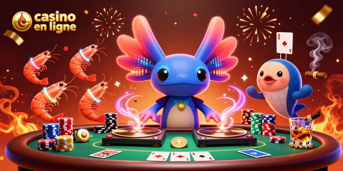 Animations de casino en ligne avec un DJ axolotl coloré et une table de poker dynamique.