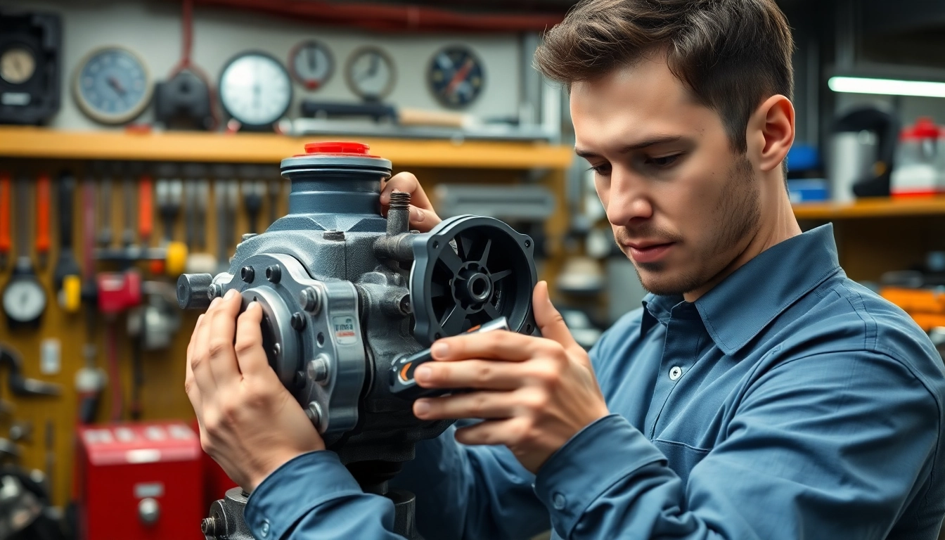Providing expert hydraulic pump services in a well-equipped workshop with a technician at work.