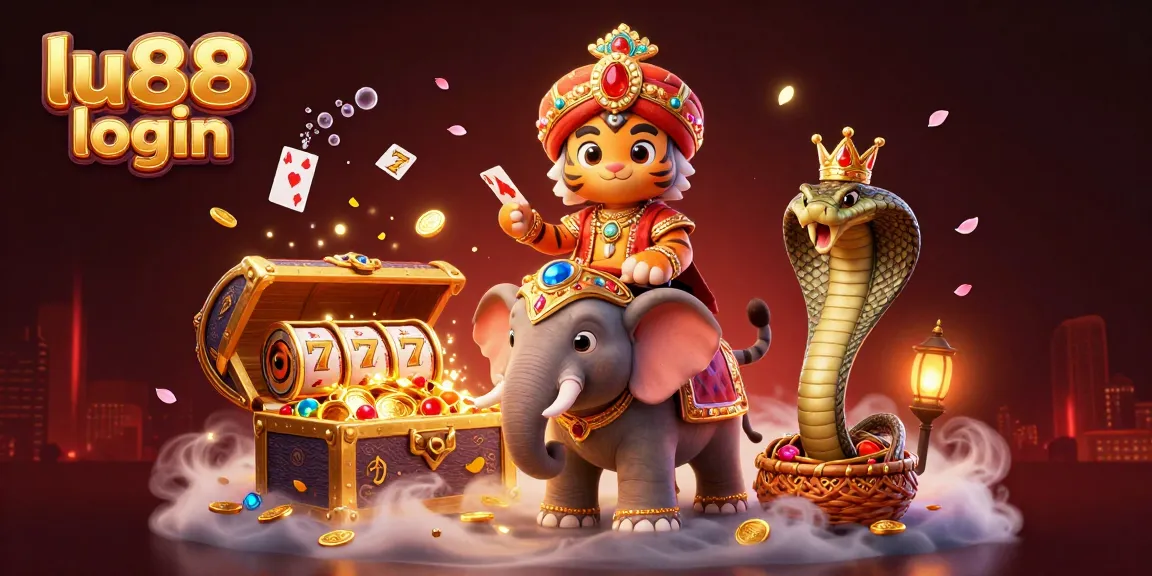 Play exciting games at lu88 login featuring a vibrant casino scene with a royal tiger and jewel-encrusted characters!