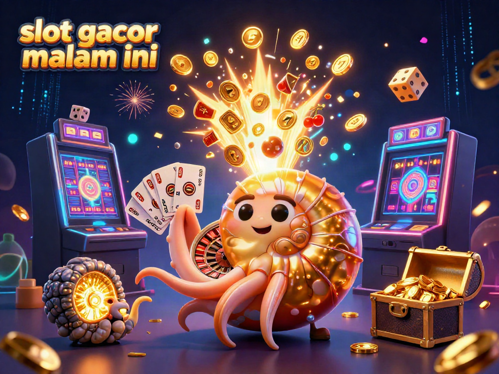 Menggandeng keseruan slot gacor malam ini, ilustrasi 3D nautilus raksasa memegang kartu dikelilingi mesin slot dan koin emas.