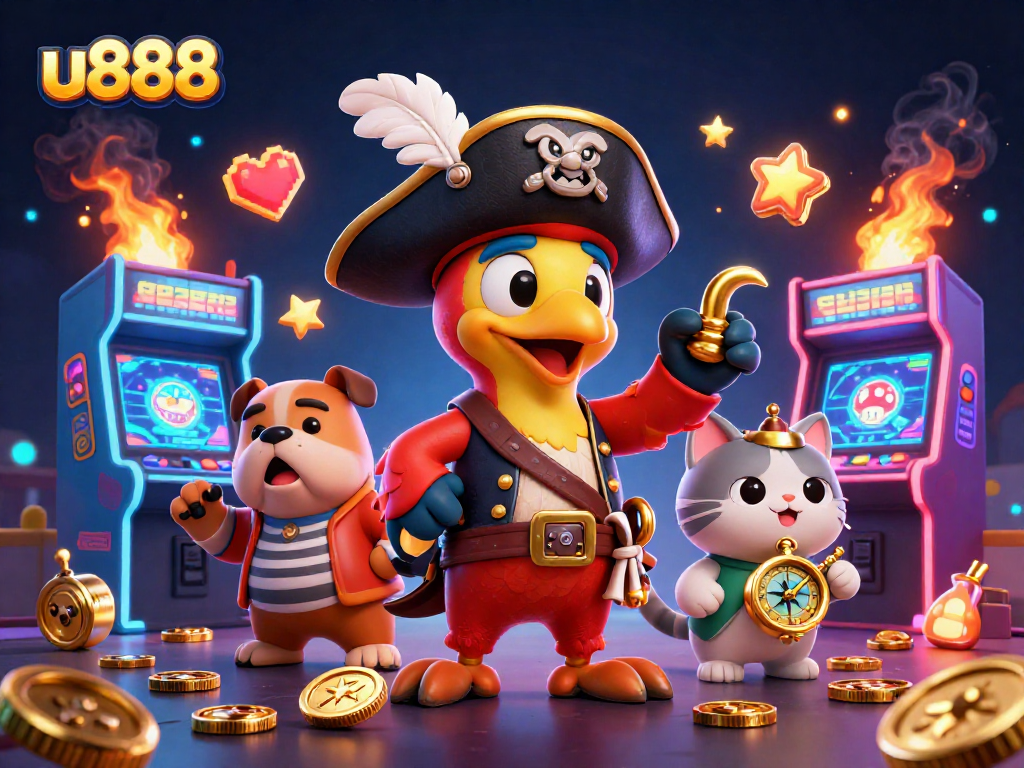 Spin the reels at u888 with vibrant 3D characters and dynamic gaming elements in this captivating illustration.