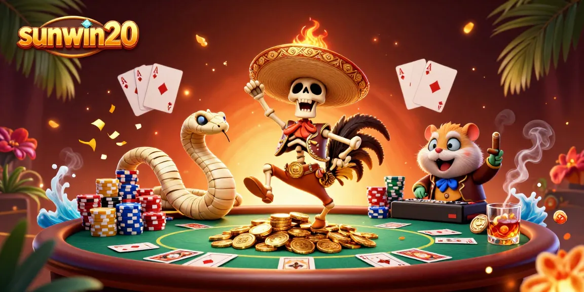 Winning with sunwin20 at the casino, featuring vibrant 3D characters and dynamic poker elements