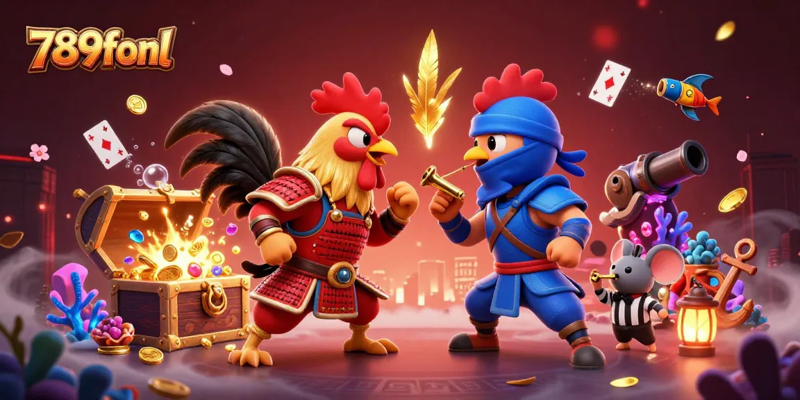 Engage in exhilarating gameplay with 789fonl's fighting roosters in a vibrant, detailed casino scene.