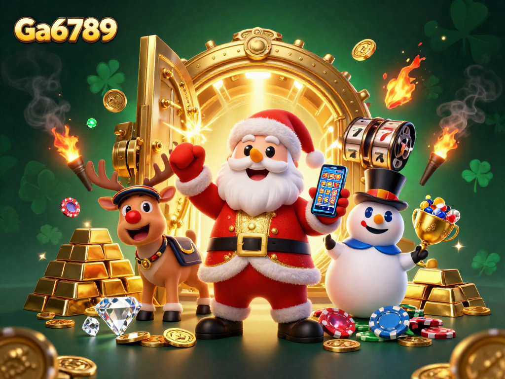 Experience Ga6789’s thrilling jackpot slots with Santa Claus, reindeer, and poker-themed snowman amidst golden treasures.