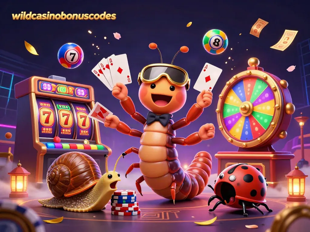 Explore wildcasinobonuscodes with an animated casino scene featuring a millipede dealer and vibrant game elements.