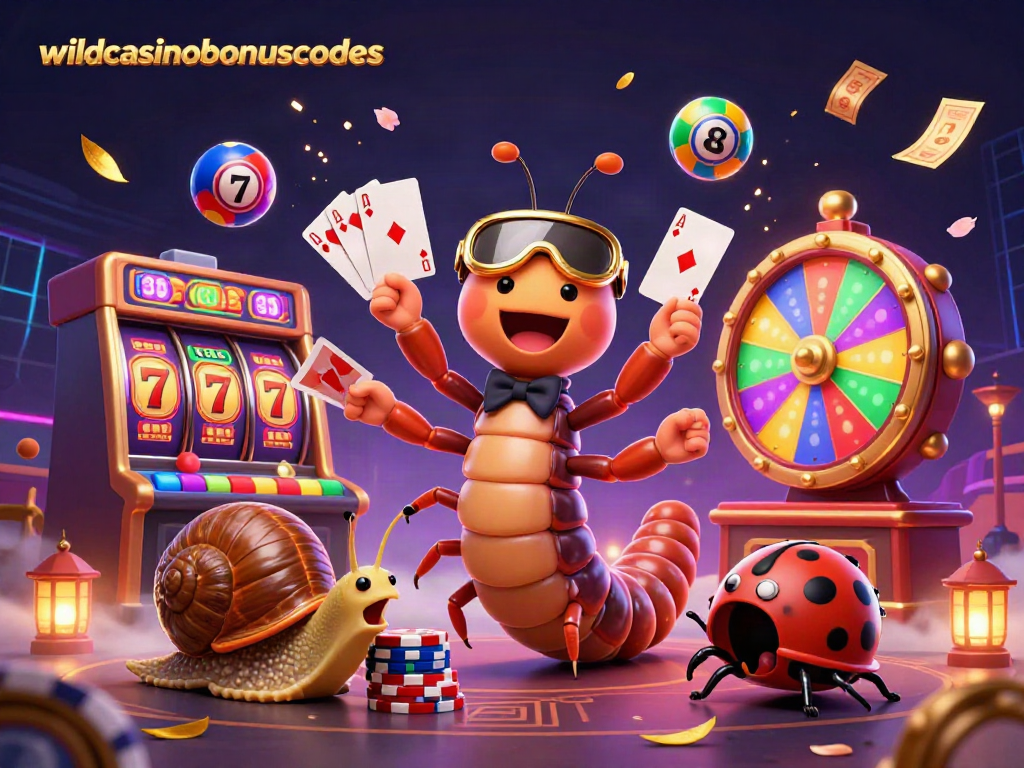 Explore wildcasinobonuscodes with an animated casino scene featuring a millipede dealer and vibrant game elements.