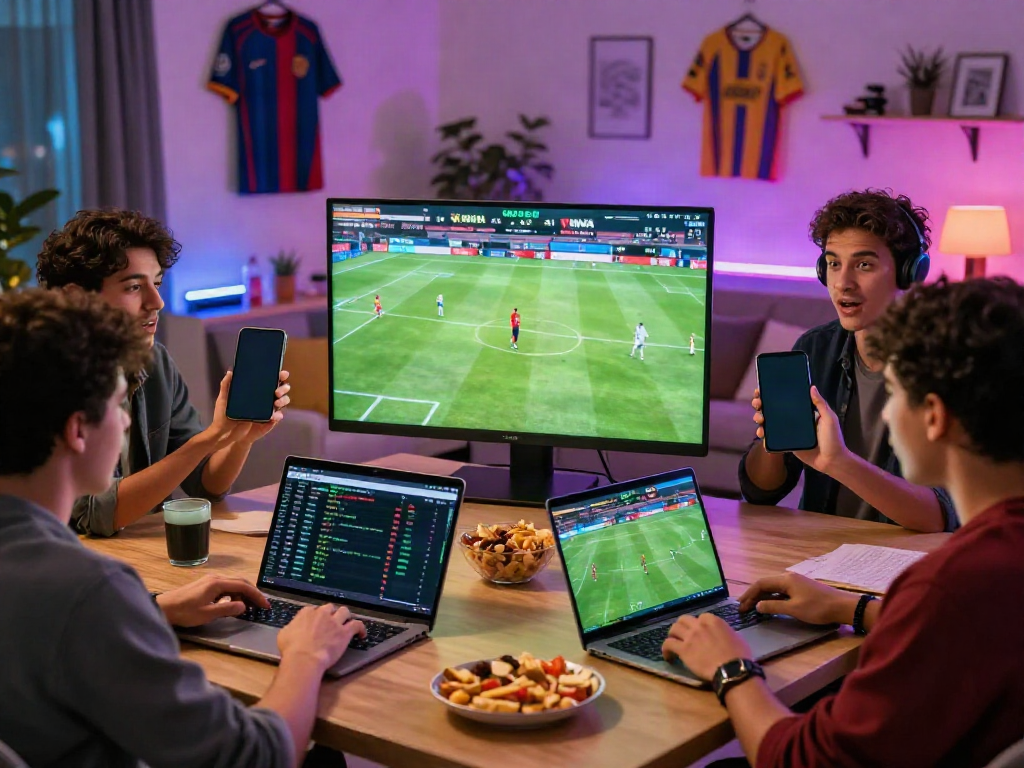 Friends engaged in sports betting on WWBOLA while watching a live soccer match, showcasing excitement and camaraderie.
