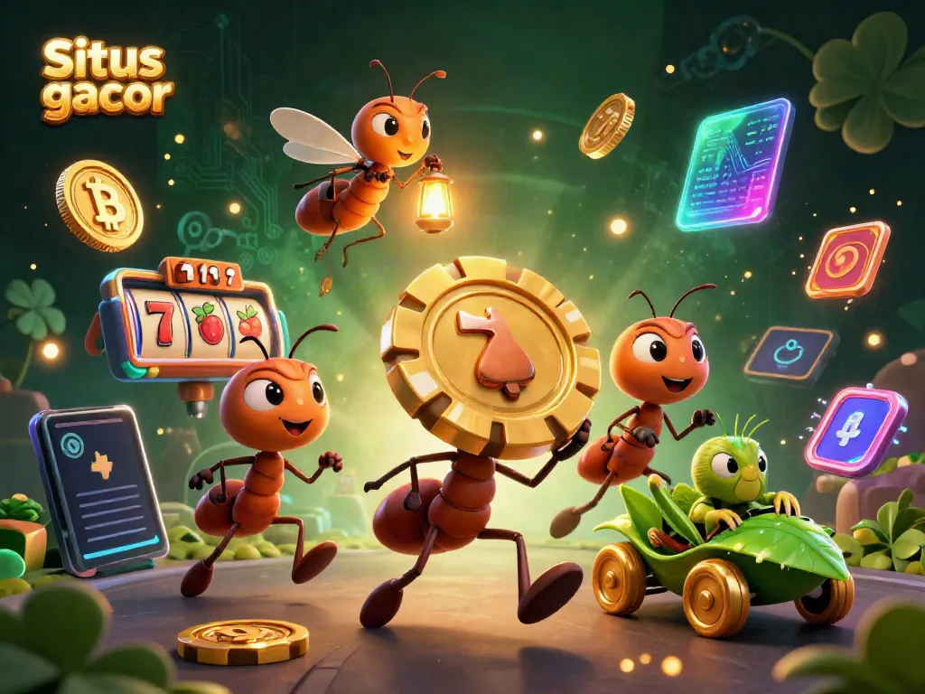 Engaging scene of ants carrying a giant poker chip, showcasing Situs slot gacor excitement and dynamic casino elements.