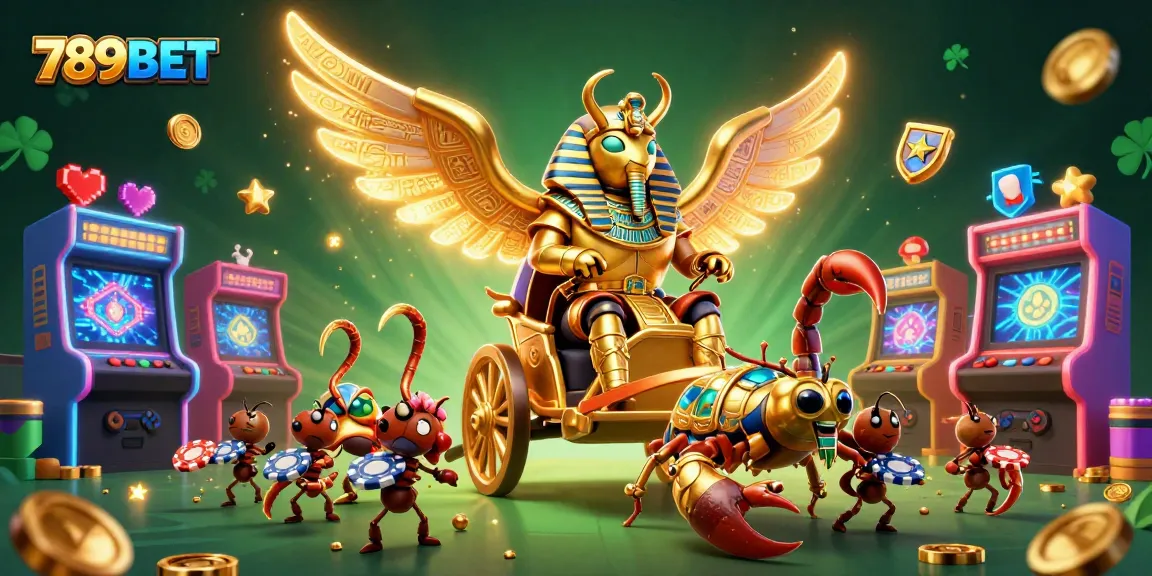 Engage with 789BET by exploring a vibrant casino scene featuring a glowing scarab beetle and dynamic game elements.